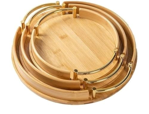 Generic Oval Serving Tray Set with Gold-Plated Steel Handles, 3 Pieces, 24 cm, 29 cm, 34 cm, .za