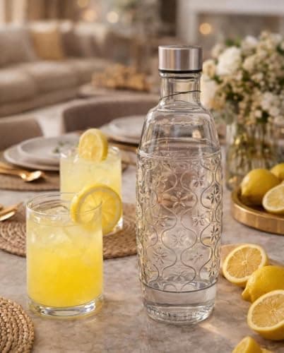 Generic Glass Crystal Water Bottle, 1000ml Capacity, Embossed Floral Design, Stainless Steel Lid, for Serving Water or Juices, .ex