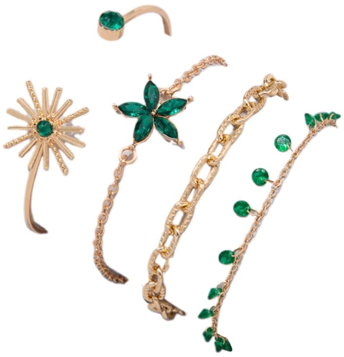 4pcs Rhinestone Flower Decoration Bracelet Gold Green