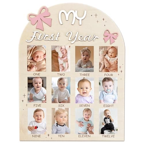 Aukolass Bow One Year of Photo Board, My First Year Photo Photo Board | 12 Monthly Milestones Picture Frame for Baby Girl 1st Birthday Decorations(pink, 2" x 3")