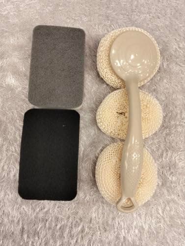 Kitchen Cleaning Set, 6-Piece Scrubber with Sponges and Handle, Beige