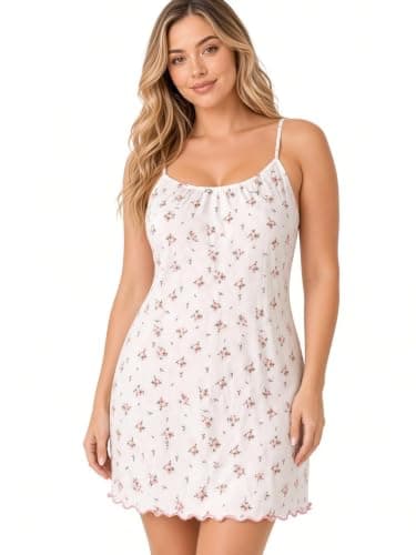Women's Floral Print Nightgown, Spaghetti Strap Sleep Dress-v012 | Ditsy Floral Pattern, Lettuce Hem Detail, Scoop Neckline, Sleepwear, White & Pink Nightgown nightshirt