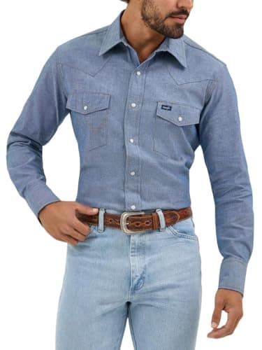 Wrangler Men's Big & Tall Authentic Cowboy Cut Western Work Shirt, Chambray Blue, M