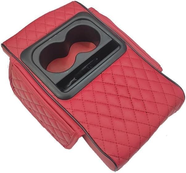 Padded armrest with built-in cup holders, multi-color storage bag, small organizer for hands-free driving and comfort (red)