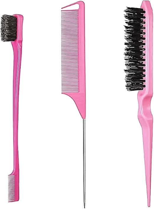 3-Piece Pink Hair Styling Brush and Comb Set-V-3 | Multi-Tooth Teasing Brush, Rat Tail Comb, Edge Styling Brush, Ergonomic Handle, 21.5cm, 23.6cm, 17.7cm