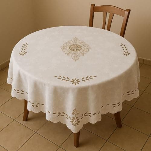 Generic Elegant Round Tablecloth with Floral Embroidery, White, 140cm Diameter, Scalloped Edge, Decorative Dining Table Cover .reh