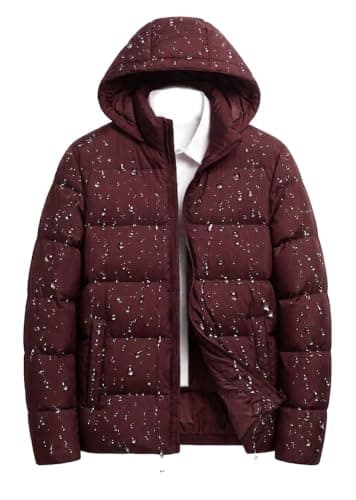 Waterproof Men's Hooded Puffer Jacket, Water-Resistant, Dark Red | Quilted Insulation, Zip-Up Closure, Side Pockets, Winter Outerwear, Lightweight Warmth Coat