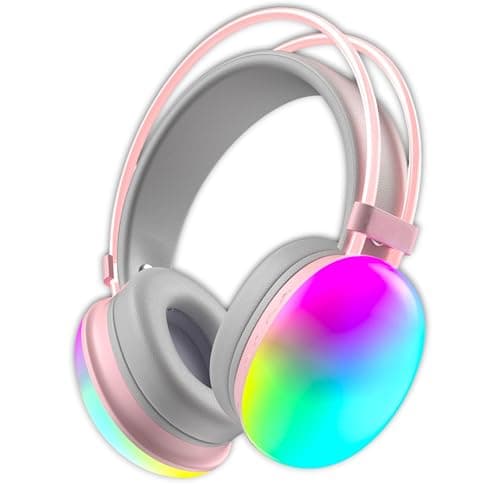 Bluetooth Headphone Over Ear B30 RGB Wireless Headset Earphone, FM Radio with Microphone Cool LED Light Big Headsets Gameing Helmet Stereo Music & Support SD Card/AUX/Type-C, Comfort Ear Pads (Pink)