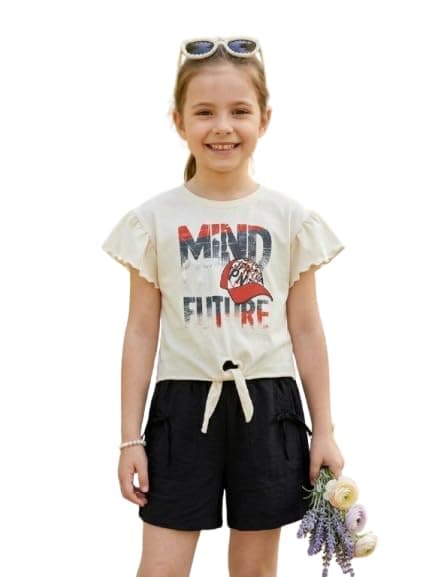 Billion Girls' 2-Piece Set, Graphic Tee with Ruffle Sleeves and Rust Orange Shorts SG26-205 Coordinated outfit