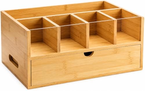 Large Bamboo Treated Wood Organizer with Spacious Drawer – Coffee Corner & Dresser Organizer for Tidying Tea, Herbs, Makeup, Creams AM