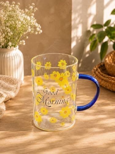 Generic Clear Glass Mug with Yellow Daisy Floral Print, Blue Handle, Good Morning Design, 300ml, for Coffee, Tea, .Ais
