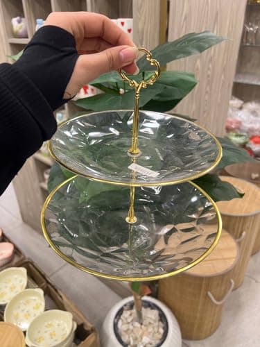 Generic Two-Tier Round Cake Stand with Gold Rim, Elegant Dessert Display Plate with Handle .em
