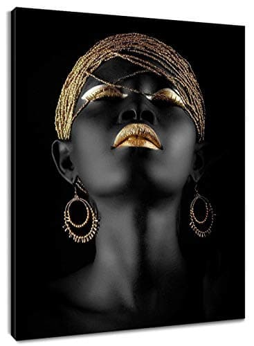 HVEST Black Girl Canvas Wall Art Black Woman with Gold Accessories Framed Oil Painting Stretched and Framed Ready to Hang Wall Paintings for Living Room Bedroom Bathroom Office Wall Decor 12x16 inches