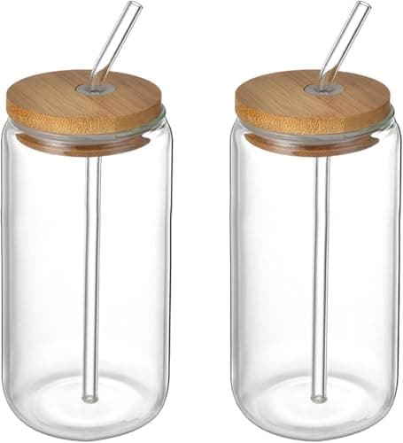 2 Glass Mug Canes Shape with Wooden Lid and Shalimoh Drinking cup