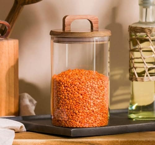 Generic Glass Storage Jar with Bamboo Lid, Ultra-Clear Glass Canister for Legumes, 1000ml Capacity with Wooden Handle .Ar