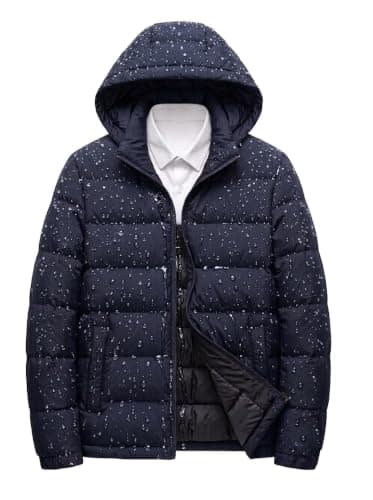 Men's Waterproof Hooded Puffer Jacket, Navy Blue | Water Droplet Print, Zip Closure, Quilted Insulation, Winter Outerwear, Inner Lining Coat