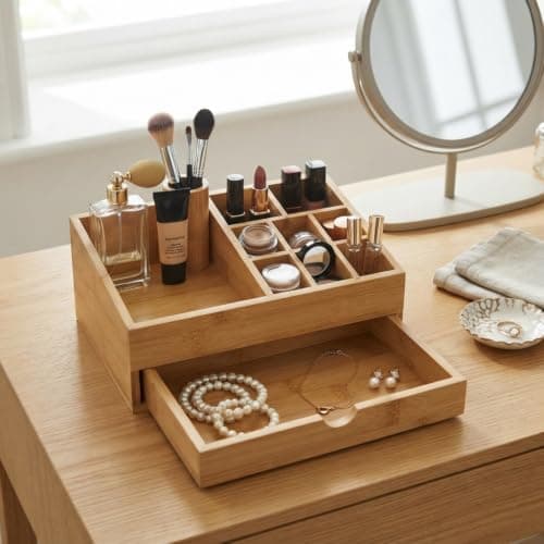Wooden Makeup Organizer Vanity Storage Box with Drawer and 9 Compartments Caddy