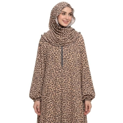 Women's Leopard Print Abaya with Matching Hijab, Zip Front | Full Length, Elasticated Cuffs, Modest Wear, Animal Print, Long Sleeves