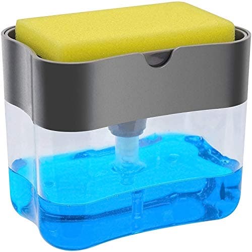 Kytree Kitchen Countertop Soap Dispenser,One-Handed Operation Instant Refill,Liquid Pump Sponge Holder 2-in-1 Save Sink Space(Gray,13 Ounce,Rust Proof)