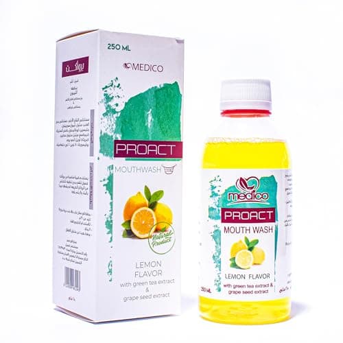 MEDICO Proact Mouthwash – Antibacterial Oral Rinse with Chlorhexidine, Thymol, Green Tea & Grape Seed Extract – Lemon Flavor – Fresh Breath & Gum Protection – 250ml