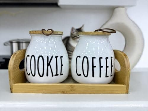 Generic Ceramic Cookie and Coffee Canister Set, White with Bamboo Lids, 700ml Each, Farmhouse Style, with Wooden Tray, 2 Pieces, .kl
