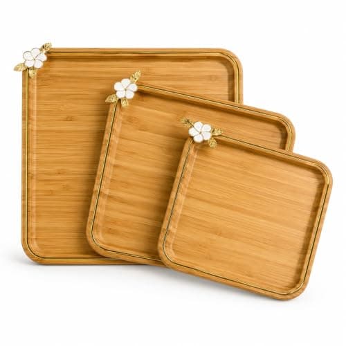 Bamboo Serving Tray Set with Stand – 3 Pieces Different Sizes – Serving Trays for Kitchen & Hospitality – Durable, Moisture-Proof, Elegant Design