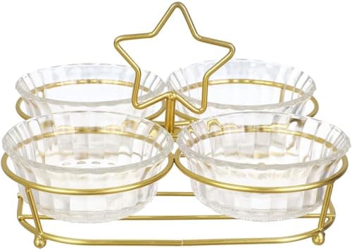 طقم تسالي زجاج 4 خالات مع إطار معدني ذهبي تقديم كسرات الشوكولاتة والحلويات بشكل متمرة,Gold Snack Tray
