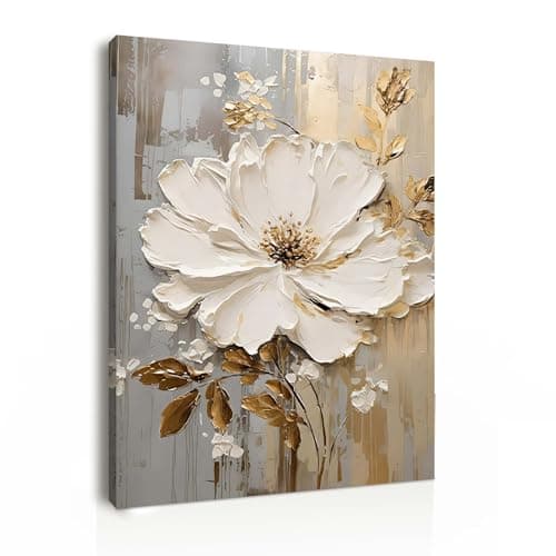 Galmcook Canvas Wall Art 12x16 Inch Framed Single White Flower Painting Modern Wall Decoration for Living Room Bedroom Hallway and Stairs Artwork Wall Pictures with Hooks and Magic Tape