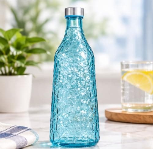 Generic Glass water bottle, Stainless steel lid, Suitable for serving water and juices, 1-liter capacity, Available in multiple colors, .ar