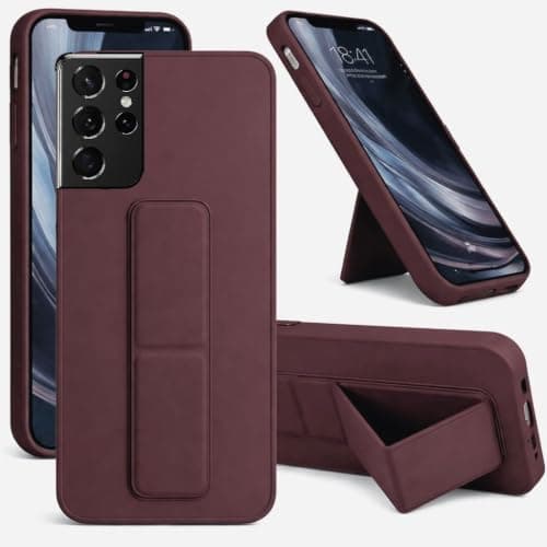 Back Cover Stand Case FOR Samsung S21 Ultra Magnetic Car Holder Soft Silicone Horizontal - Vertical Kickstand Cover Wrist Strap Full protection Anti Fingerprint Case (Red Wine) Cellular phone case