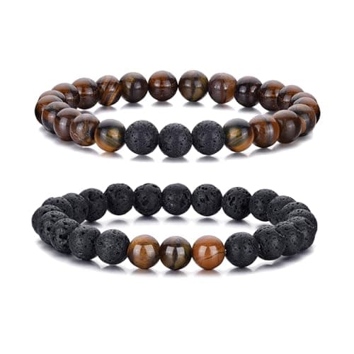 RANKEEF Tiger Eye Bracelet For Men 8MM Natural Stone Stretch Adjustable Black Crystal Beaded Bracelet for Men Women Gifts, adjustable, no gemstone