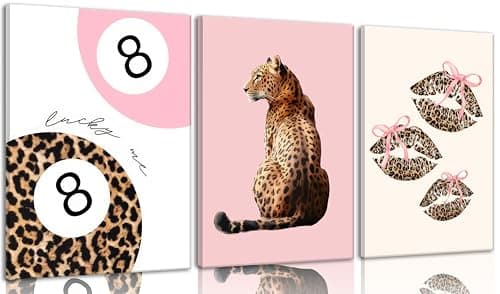 YUFXSTZV 3Pcs Pink Cheetah Wall Art Leopard Bow Print Painting Fashion Lucky 8 Ball Poster Leopard Lips Canvas Wall Decor Funky Preppy Room Aesthetic Picture for Girls Room Dorm Apartment Unframed