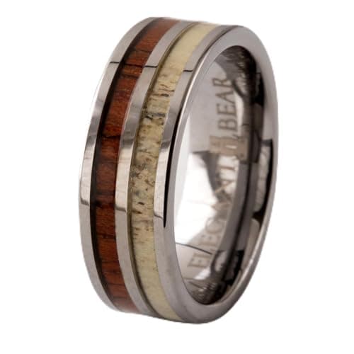 Silver Tungsten Carbide Ring inlaid with Natural Koa Wood and Natural Deer Ivory A109