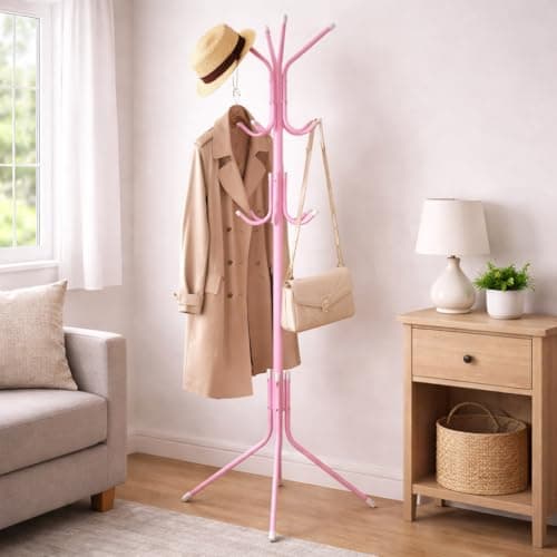 Freestanding Rack Practical Metal Coat Tree Stand With Six Hooks Floor Organizer For Bedroom Living Room Office Entryway Hanging Clothes Hats Bags Jackets Compact Space Saving 42x165 Cm (Pink)