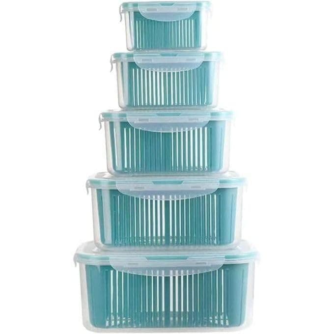 5-Piece Fridge Storage Containers with Strainer and Air Vents, Airtight Lids with Locking Clips for Fresh Fruit and Vegetable Food Organization.
