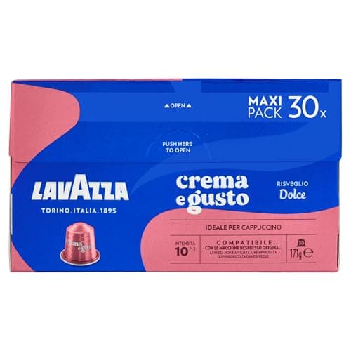 Lavazza, Crema e Gusto Dolce, 30 Aluminium Coffee Capsules Compatible with Nespresso Machines, with Dried Fruit Notes, Arabica and Robusta, Intensity 10, Medium Roasting