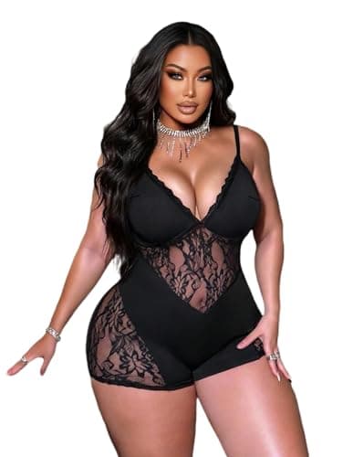 NF22-451 Lingerie Bodysuit Shorts (Romper) Plus Size - Soft Fabric & Cut Out Lace Blend Underwear