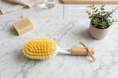 Generic Natural wooden cleaning brush for kitchen and bathroom, Comfortable wooden handle with strong bristles for deep cleaning,Designed with a smooth, curved handle, .qu