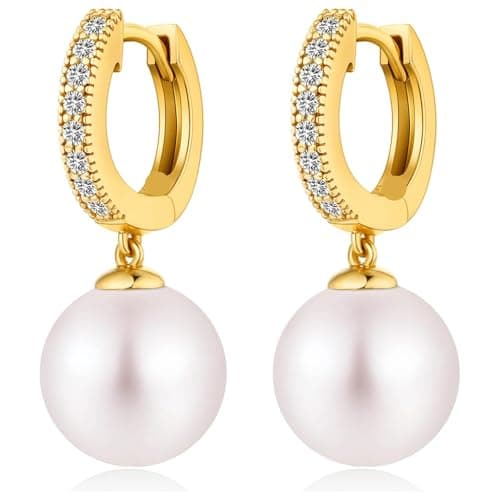 Julia Store Elegant Trendy Handmade Deluxe 18K Gold Plated Cubic Zirconia Hoop Simulated Pearl Drop Dangle Huggies Earrings