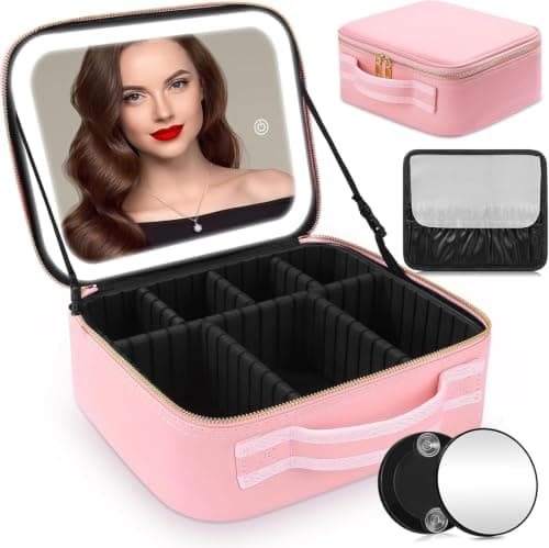 PU Leather Waterproof Travel Makeup Bag Organizer with Lighted Mirror JX | 3 color light modes, adjustable brightness, suitable for cosmetics, large compact mirror, decorative accessories Cosmetic case