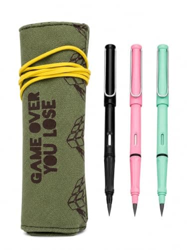 Wrap Pencil Case +3 Forever Pencils, Roll-Up Pencil Pouch, Reusable Canvas Pen Organizer with Elastic Band, Magic Inkless Pencils for School, Office, Drawing & Gift - Green Carrier bag case