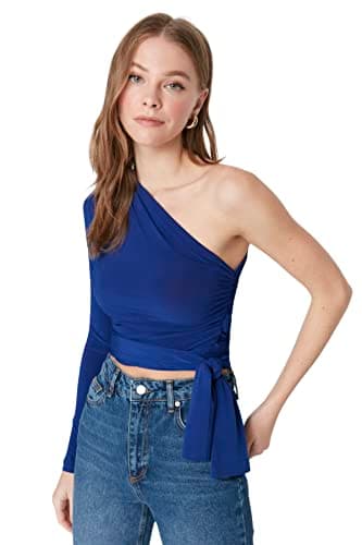 Trendyol Women Slim Tie Detailed Single Sleeve Crop Stretchy Knitted Blouse TWOAW23BZ00094 Blouse Shirt