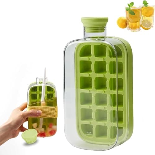 2 in 1 Ice Cube Bottle, Touchless Water Bottle with Lid and Basket, Flexible Silicone Ice Cube Trays, Reusable for Coffee, Juice, Drinks, 800ml