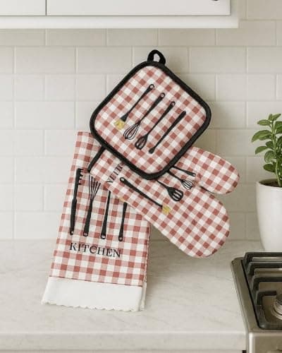 Generic Kitchen Oven Glove, Pot Holder and Towel Set, 3-Piece, .hd