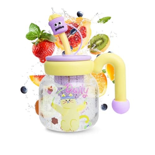 Water Bottle 860 ml, Glass Bottle with Straw, Carry Handle, Strainer and Leakproof BPA-Free Lid for Water, Juice, Milk and Tea, Indoor and Outdoor Use, GG-2533, Purple