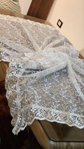 Generic Lotus Tablecloth, White Embroidered Lace, 130x225 cm, Elegant Floral Design with Plain Border .br