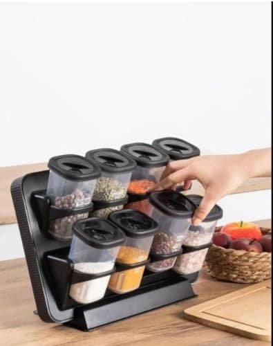 Generic Spice Organiser with 8 Transparent Plastic Containers, Black Holder Rack for Kitchen Counter Storage, .sa