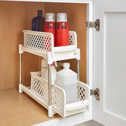 Generic 2-Tier Under-Sink Organiser, White Plastic Shelves with Metal Legs, for Kitchen and Bathroom Cabinet Storage, .ht Storage rack