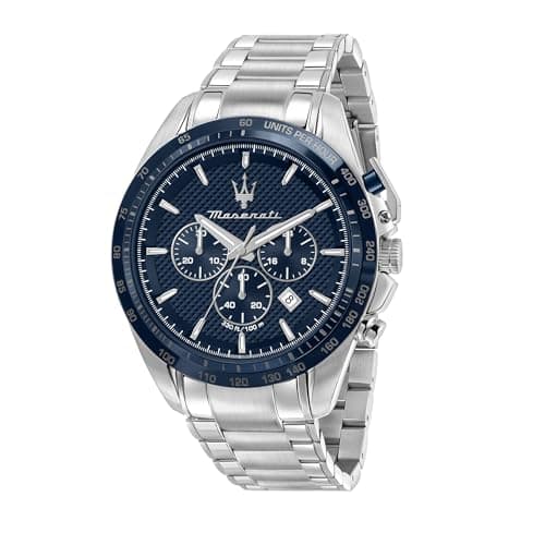 Maserati Stainless Steel Traguardo Chronograph|Date Analog Dial Color Blue Men Watch - R8873612043, Silver Band