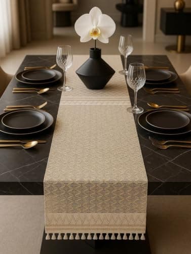 Generic Elegant Beige Table Runner with Tassel Fringe, Geometric Woven Pattern, Multi-Purpose Dining or TV Stand Use, 120x45 cm, .ms